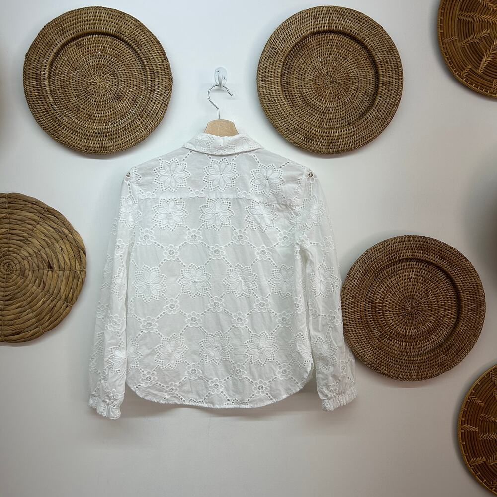 Talbots White Floral Eyelet Partial Button Neck C… - image 3